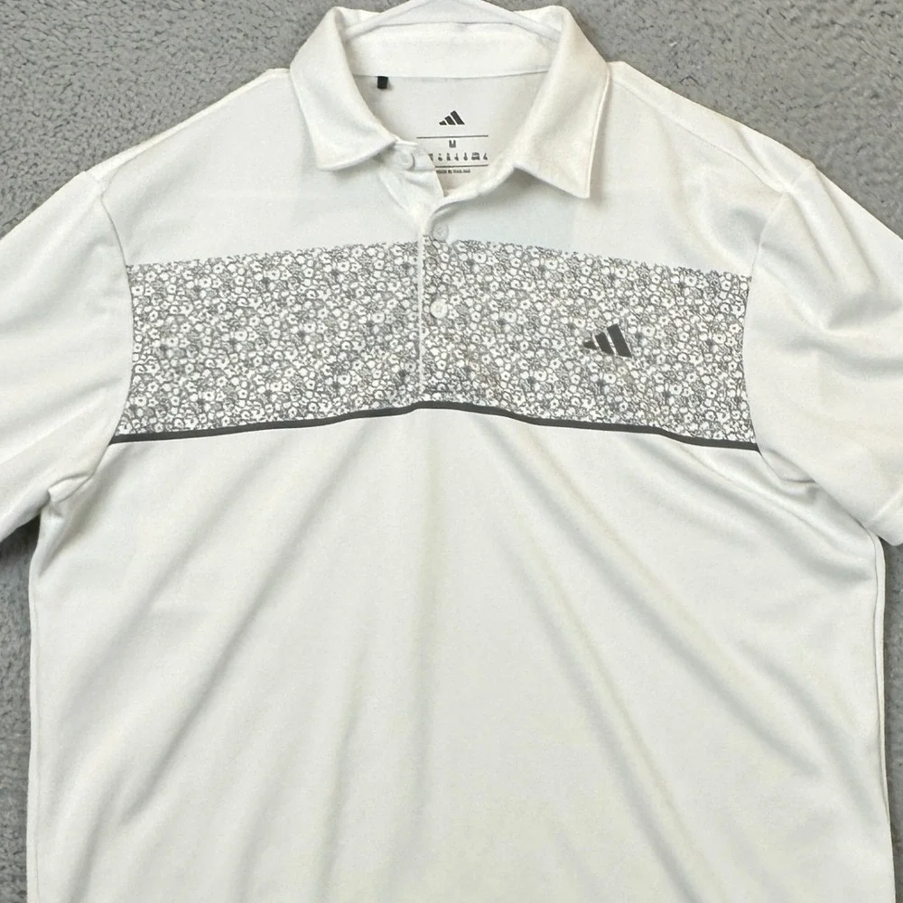 Adidas Polo Shirt Mens Medium White Floral Chest Stripe Performance Golf Rugby